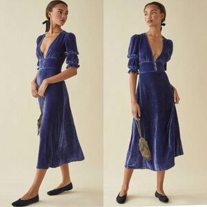 Reformation Aje Adelie Puff sleeve Blue Velvet midi Dress SIZE 14